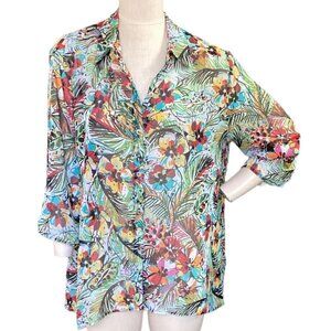 Quintessential Button-Up Roll Tab Sheer Floral Top XL 142L